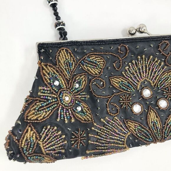 Apt. 9 Black Satin Beaded Floral Sparkle Bead Handle Mini Evening Bag - Picture 6 of 16